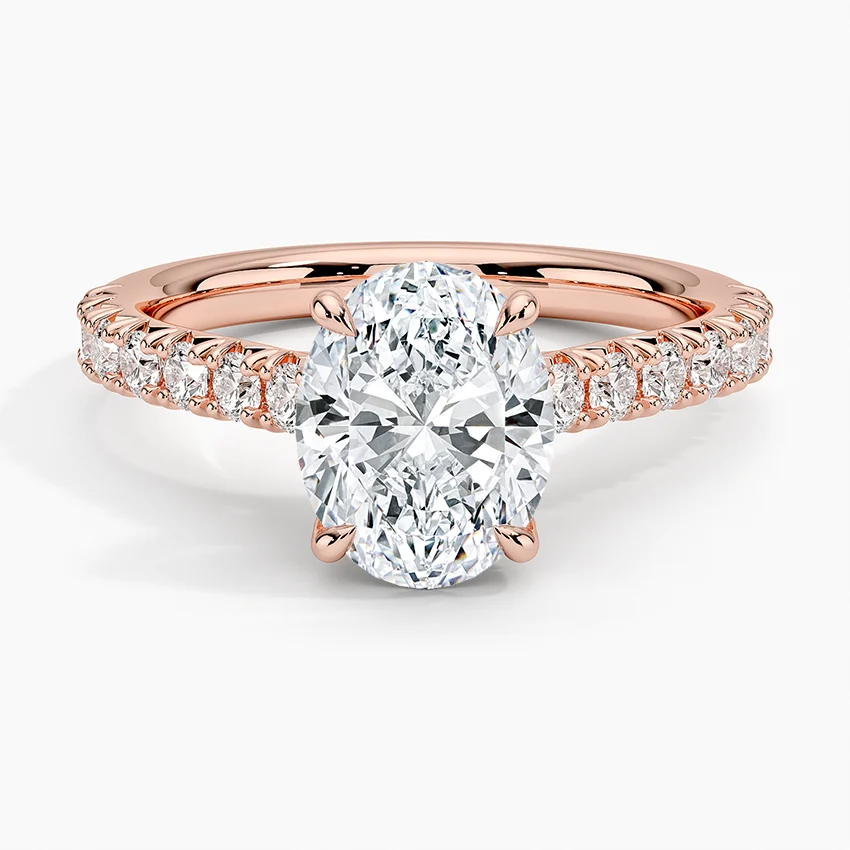 Oval Cut Diamond Engagement Ring, Hidden Halo Pavé Ring, Solid Gold Solitaire Ring