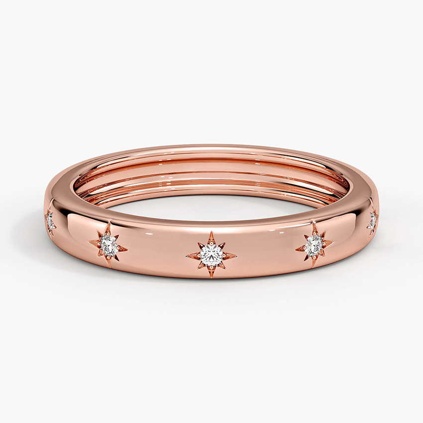 Minimalist Star Diamond Band Ring, Solid Gold Celestial Wedding Band, Dainty Diamond Stackable Ring