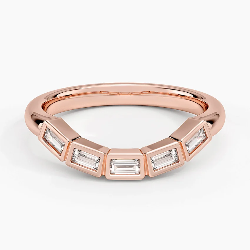 Baguette Diamond Curved Ring, Minimalist V Shape Diamond Band, Bezel Set Stackable Ring