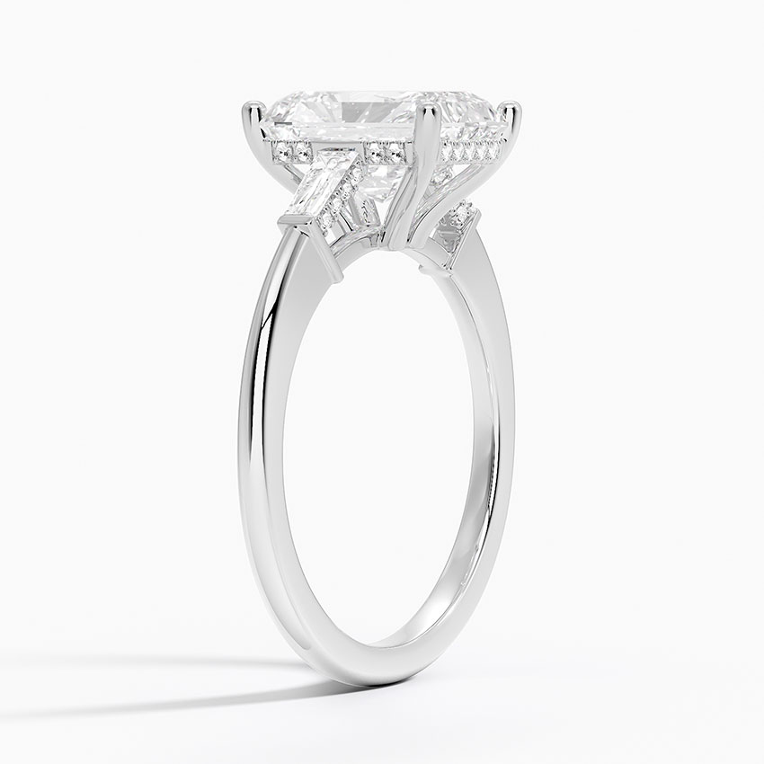 Radiant Cut Solitaire Engagement Ring with Tapered Side Stones, Elegant 3 Stone Diamond Ring