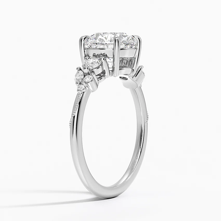 Round Cut Three Stone Diamond Engagement Ring, Vintage Inspired Side Stone Ring, Bridal Jewelry