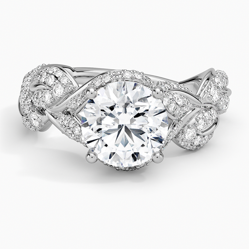 Infinity Twist Moissanite Engagement Ring, Round Cut Hidden Halo Diamond Ring, Vintage Leaf Design Bridal Ring