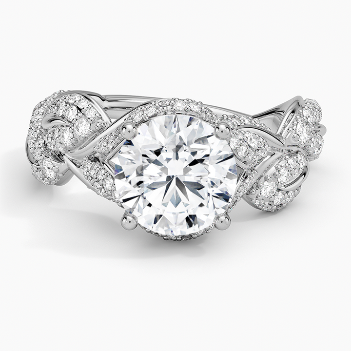 Infinity Twist Moissanite Engagement Ring, Round Cut Hidden Halo Diamond Ring, Vintage Leaf Design Bridal Ring