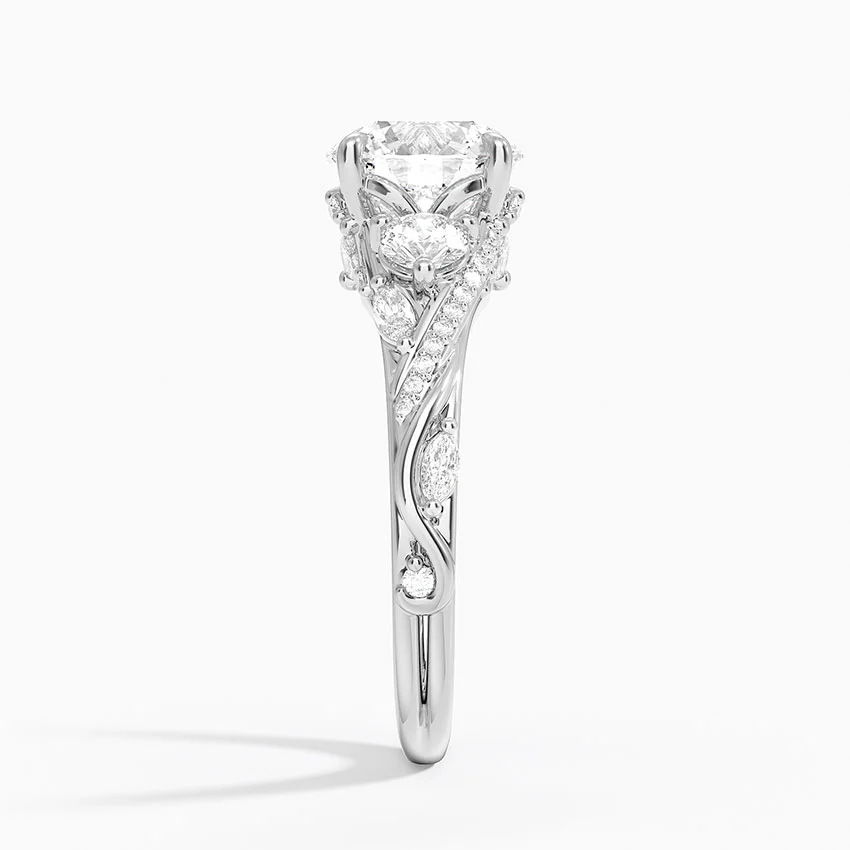 Round Brilliant Cut Diamond Engagement Ring, Twisted Vine Three Stone Ring, Floral Side Diamond Ring