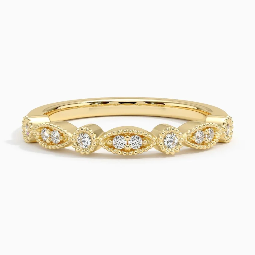Vintage Marquise Diamond Wedding Band, Milgrain Diamond Ring, Stackable Gold Ring