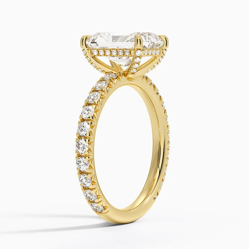 Radiant Cut Diamond Engagement Ring, Hidden Halo Pavé Band Ring, Bridal Proposal Ring