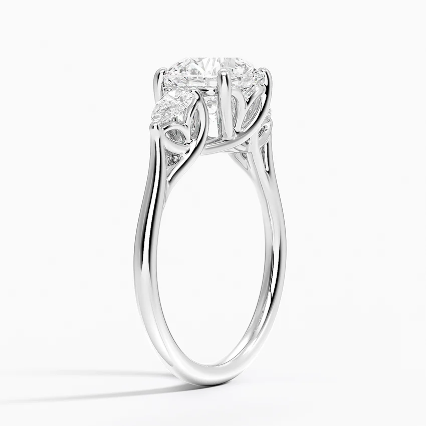 Round Cut Diamond Engagement Ring, 3 Stone Diamond Ring, Pear Side Stone Ring