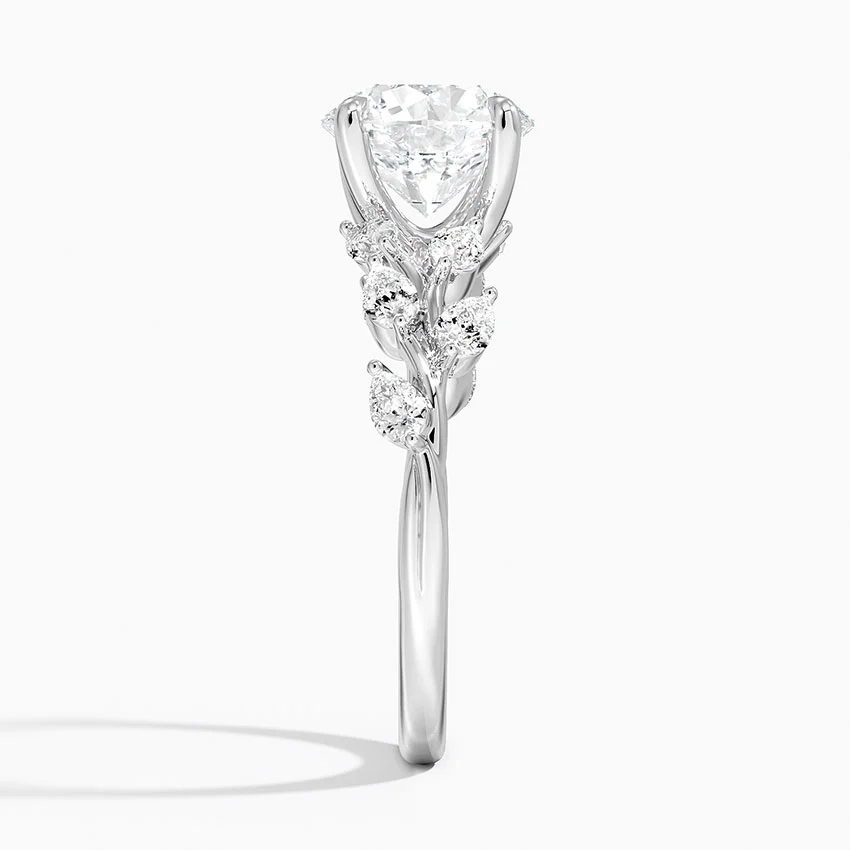 Round Cut Diamond Leaf Engagement Ring, Nature Inspired Floral Ring, Vintage Style Bridal Ring