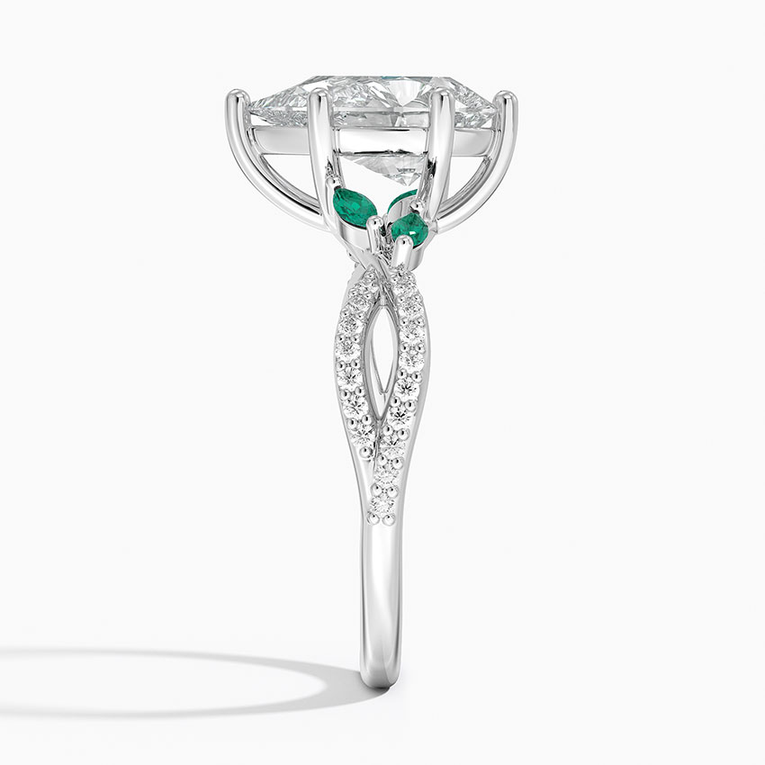 Pear Cut Moissanite Engagement Ring with Emerald Accents, Nature Inspired Leaf Ring, Split Shank Diamond Ring