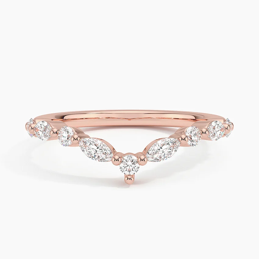 Marquise Diamond Chevron Wedding Band, Curved V Shaped Stackable Ring, Minimalist Diamond Nesting Band
