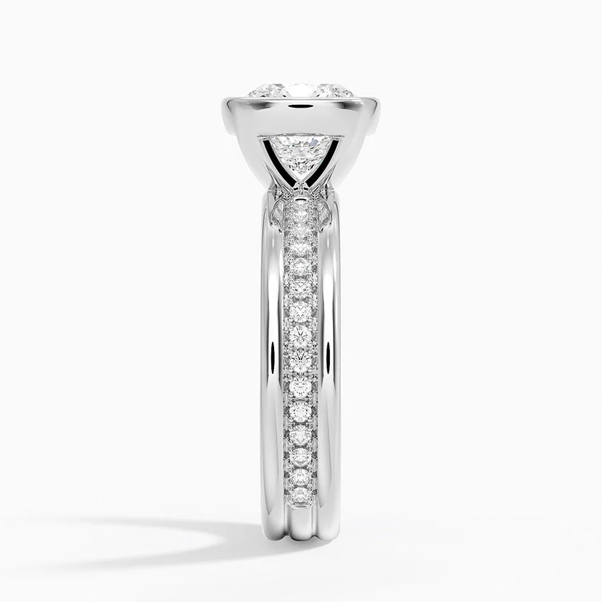 Cushion Cut Bezel Set Diamond Engagement Ring, Split Shank Pavé Band, Minimalist Luxury Solitaire Ring