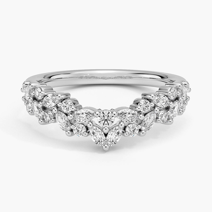 Marquise & Round Diamond V Shape Ring, Curved Wedding Band, Chevron Diamond Ring