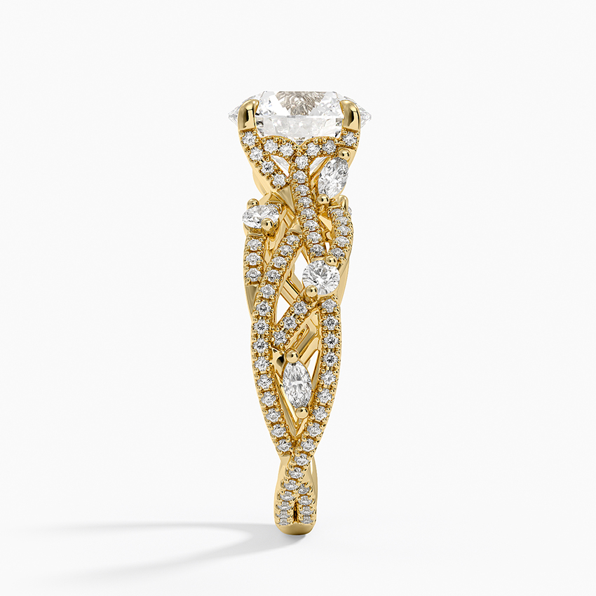 Vintage Inspired Round Cut Moissanite Engagement Ring, Twisted Vine Diamond Band, Floral Split Shank Ring