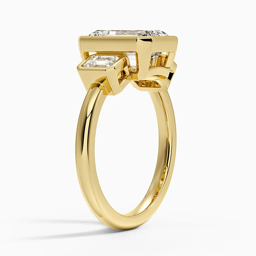 Emerald Cut Diamond Engagement Ring, Bezel Set Three Stone Ring, Step Cut Side Stones