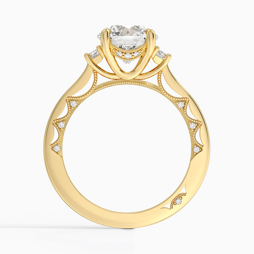 Round Cut Three-Stone Diamond Engagement Ring, Cushion Side Stones