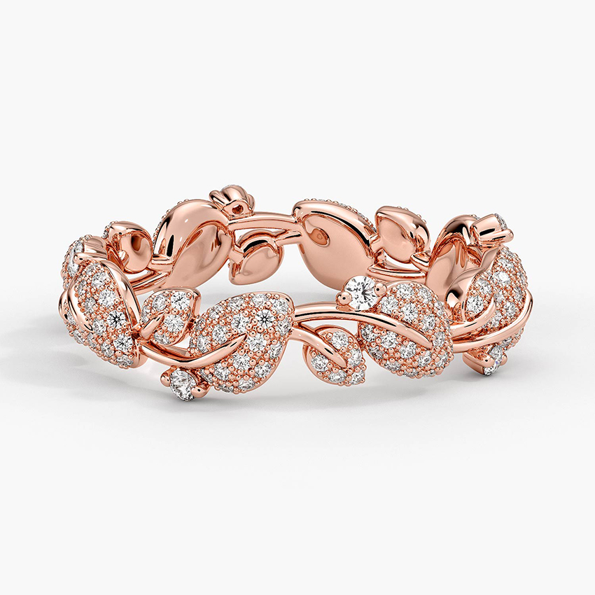 Luxury Diamond Eternity Band Ring, Pavé Leaf Vine Wedding Band, Solid Gold Anniversary Ring