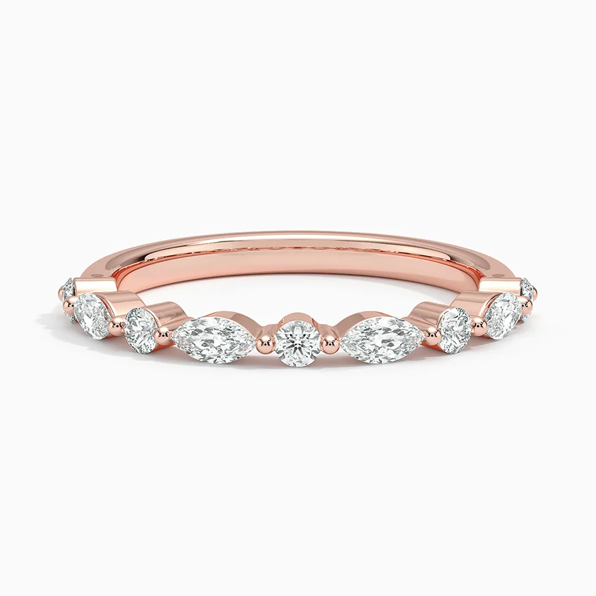Marquise & Round Diamond Wedding Band, Curved Diamond Ring, Half Eternity Stackable Band