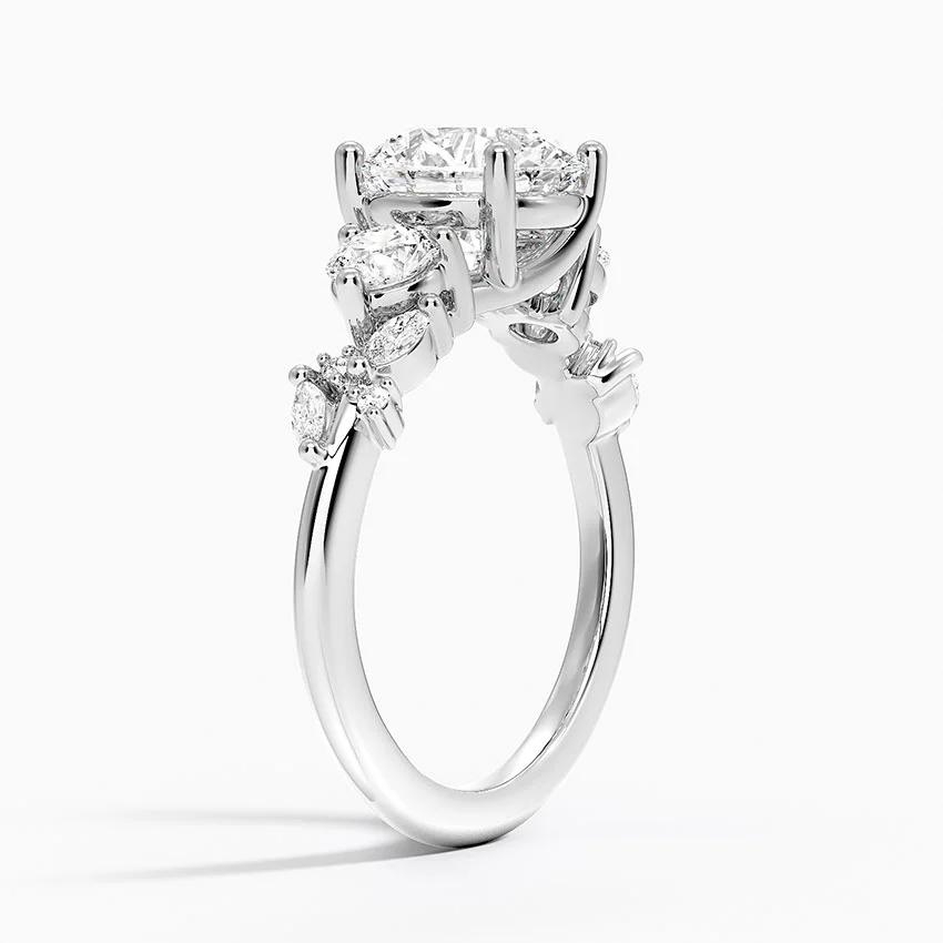 Round Cut Moissanite Three Stone Engagement Ring, Diamond Cluster Side Stones Ring, Solid Gold Bridal Ring
