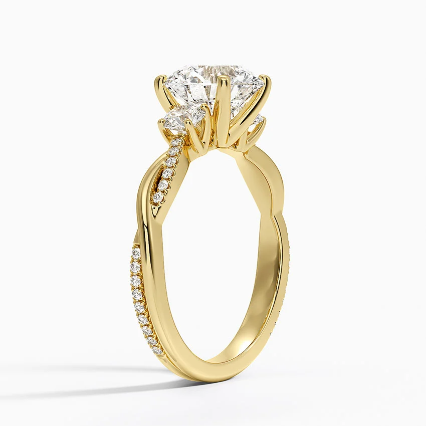 Round Cut Diamond Engagement Ring, Twisted Three Stone Ring, Pavé Band Promise Ring