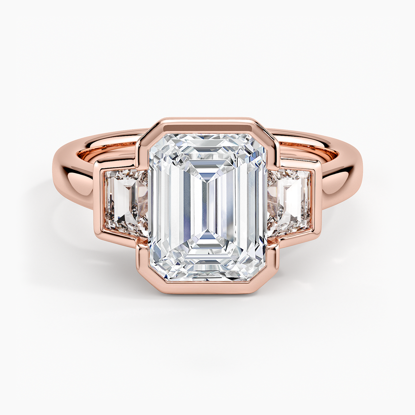 Emerald Cut Diamond Engagement Ring, Three Stone Bezel Set Ring, Minimalist Luxury Bridal Ring