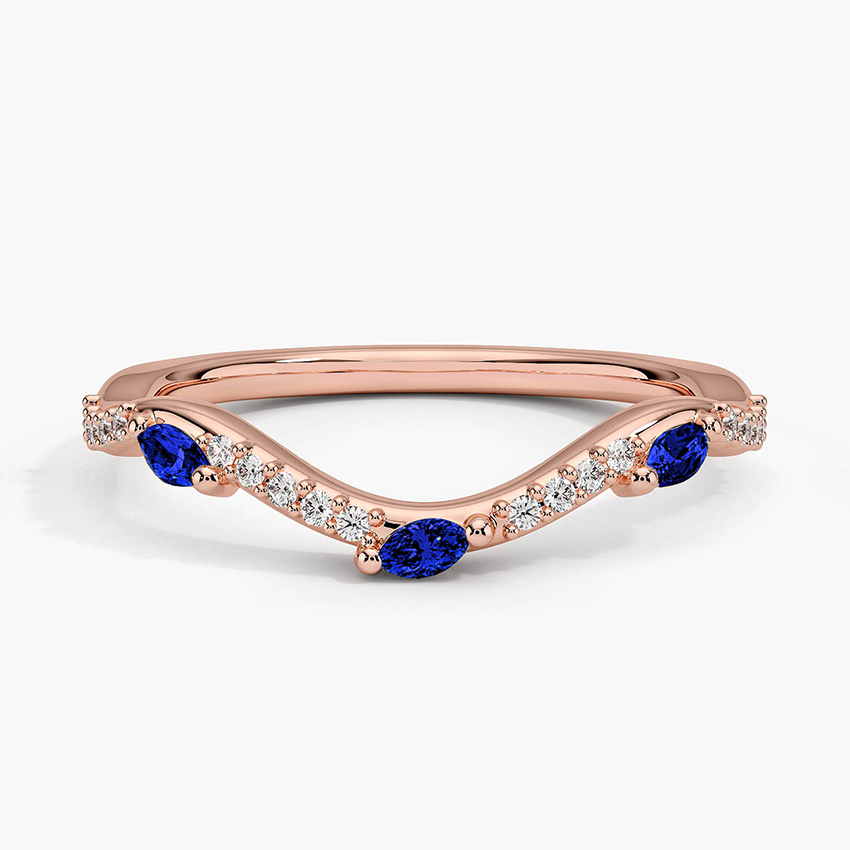 Blue Sapphire Marquise Wedding Band, Curved Diamond V Ring, Stacking Anniversary Ring