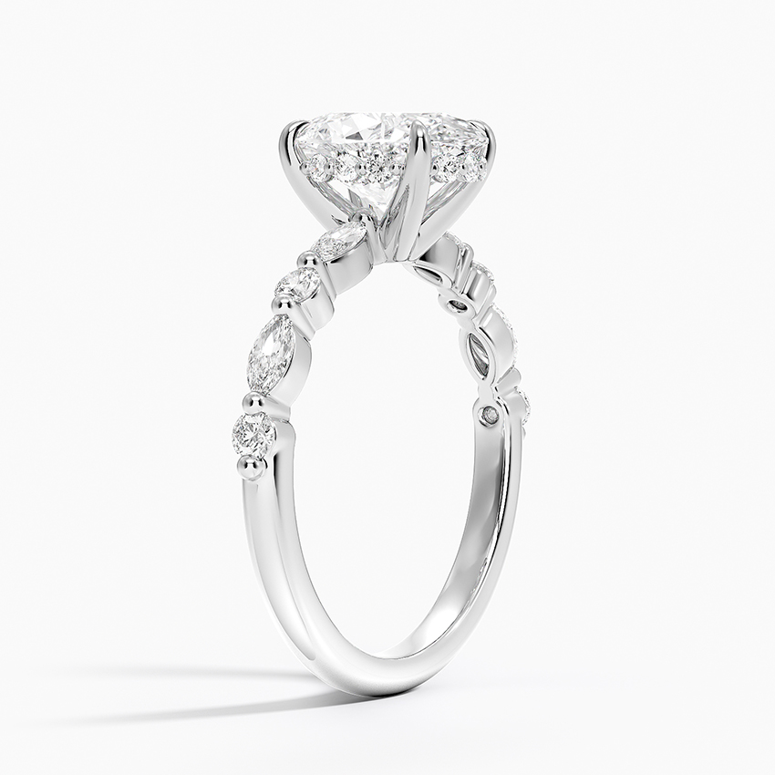 Oval Cut Diamond Engagement Ring with Marquise, Hidden Halo Solitaire Ring
