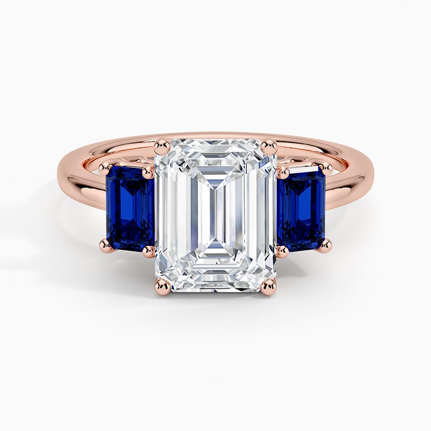 Emerald Cut Diamond Three Stone Ring with Blue Sapphire Side Stones, Vintage Style Engagement Ring, Anniversary Gift