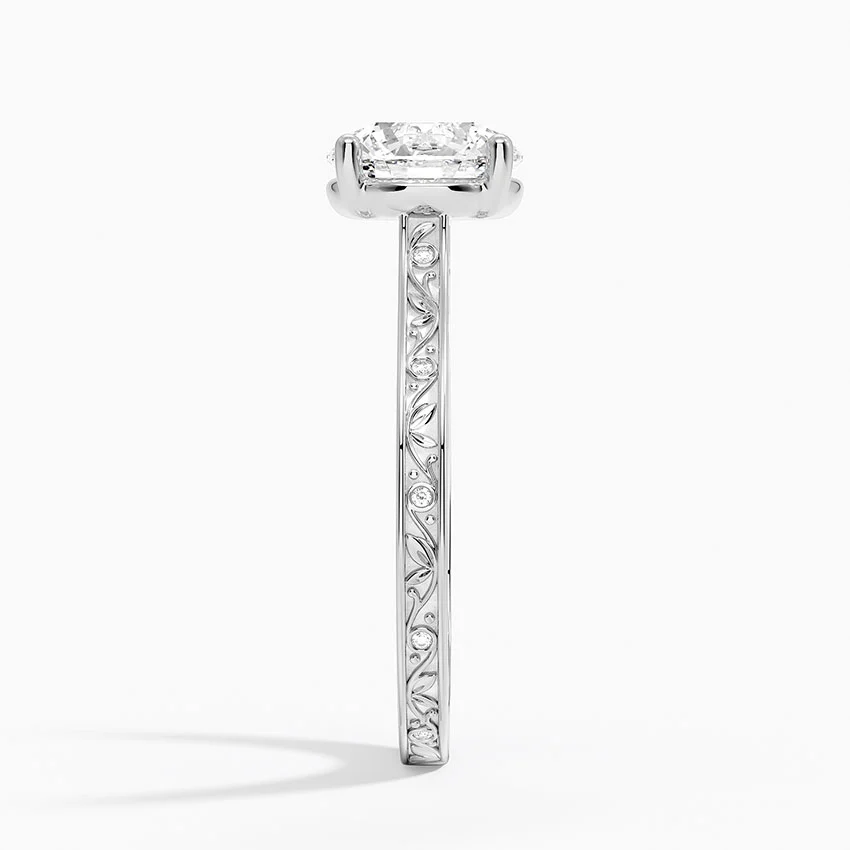 Vintage Floral Engraved Solitaire Moissanite Ring, Round Cut Diamond Ring, Unique Bridal Ring Gift for Her