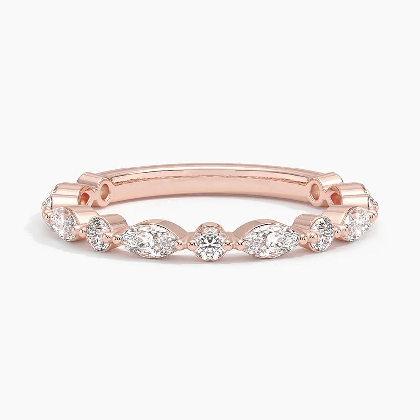 Marquise & Round Diamond Wedding Band, Curved Diamond Ring, Stackable Anniversary Band