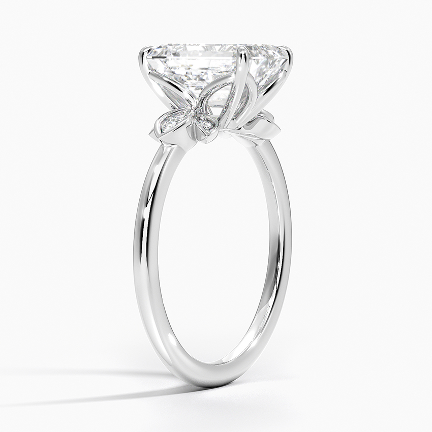 Emerald Cut Moissanite Engagement Ring with Leaf Accent, Nature Inspired Floral Ring