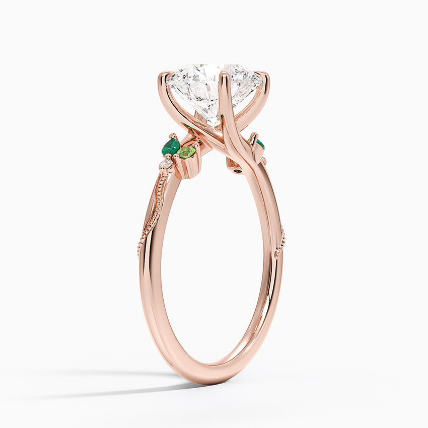 Round Cut Moissanite Engagement Ring with Green Accent Stones, Nature Inspired Leaf Design Ring, Promise Ring for Women