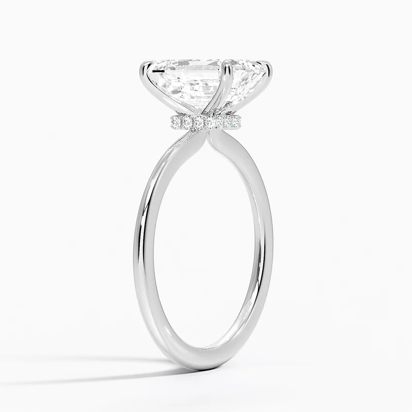 Emerald Cut Solitaire Engagement Ring, Hidden Halo Diamond Ring, Minimalist Prong Setting Ring