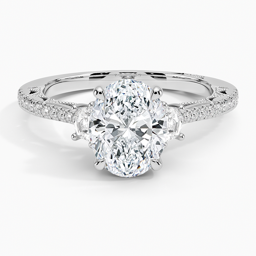 Oval Cut Diamond Engagement Ring,Three Stone Baguette Side Diamonds, Pavé Band Bridal Ring