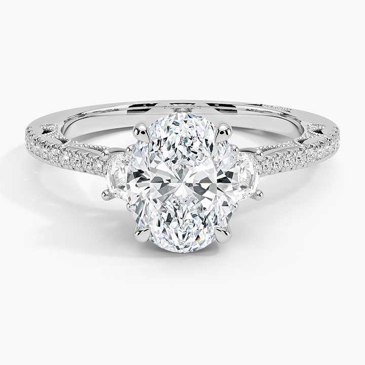 Oval Cut Diamond Engagement Ring,Three Stone Baguette Side Diamonds, Pavé Band Bridal Ring