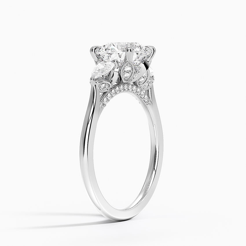 Round Cut Three Stone Diamond Engagement Ring, Marquise Side Stones, Minimalist Bridal Ring