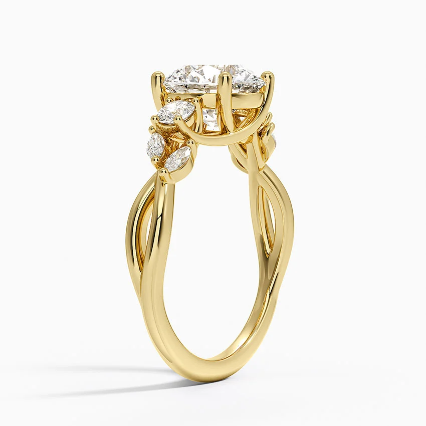 Round Cut Moissanite Engagement Ring, Three Stone Diamond Ring, Twisted Shank Bridal Ring