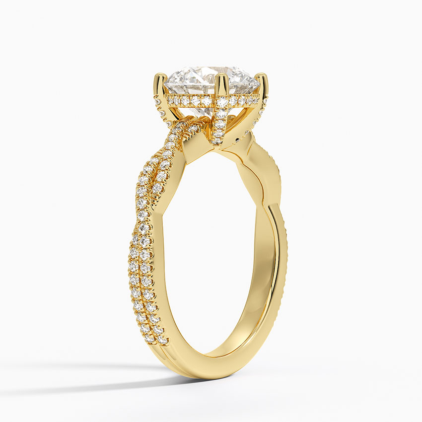 Twisted Pave Diamond Engagement Ring, Round Cut Solitaire Ring, Split Shank Gold Ring