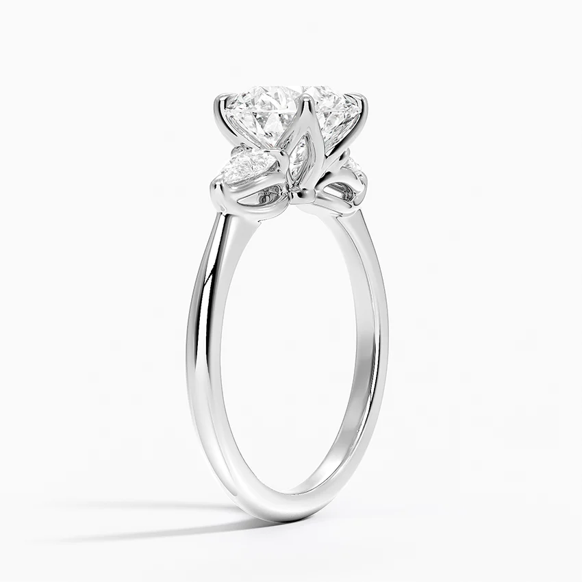 Round Cut Diamond Engagement Ring with Marquise Side Stones, Three Stone Bridal Ring