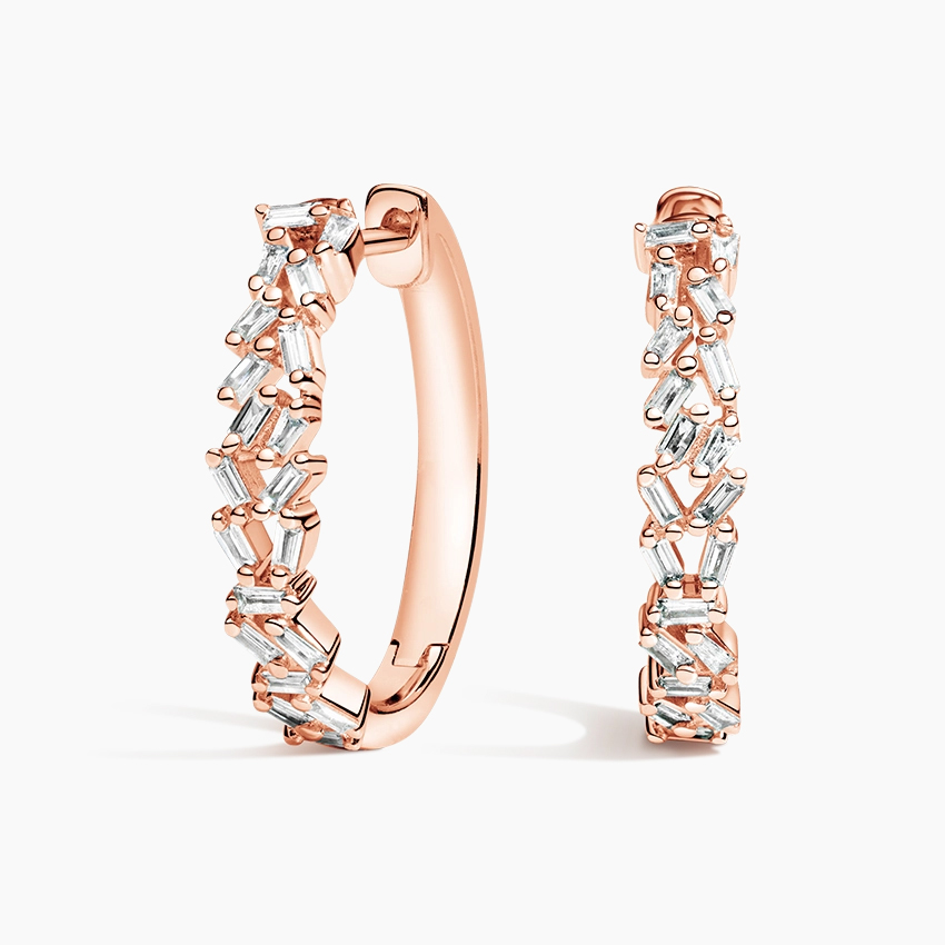 Baguette Diamond Hoop Earrings, Elegant Cluster Diamond Hoops