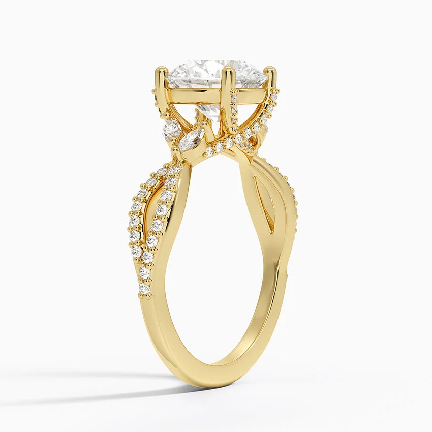 Twisted Band Round Diamond Engagement Ring, Pavé Diamond Twist Ring, Unique Bridal Ring