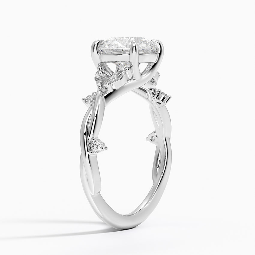 Twisted Vine Moissanite Engagement Ring, Round Cut Solitaire with Leaf Side Stones, Nature Inspired Gold Ring