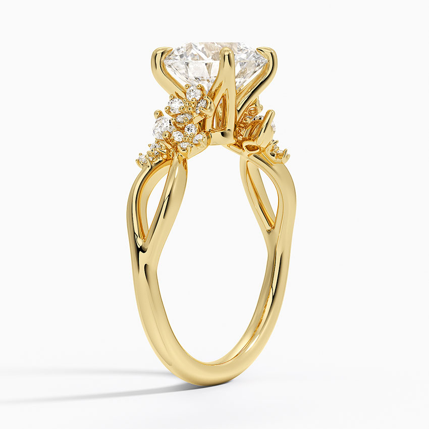 Round Cut Diamond Engagement Ring, Floral Cluster Side Stones Ring, Nature Inspired Bridal Ring