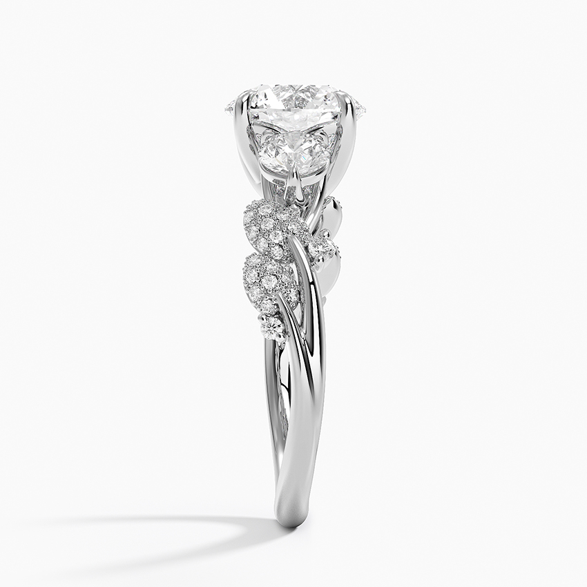 Round Cut Diamond Engagement Ring, Three Stone Diamond Ring, Floral Cluster Side Stones Ring