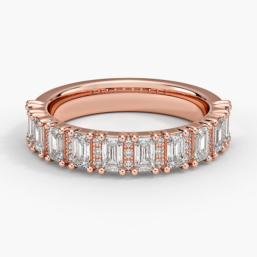 Emerald Cut Diamond Eternity Band Ring, Baguette & Round Diamond Wedding Band, Solid Gold Stackable Ring