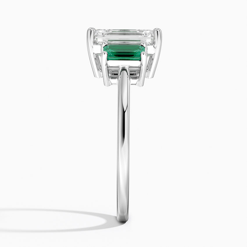 Emerald Cut Diamond Three Stone Ring with Green Emerald Side Stones,Solid Gold Engagement Ring