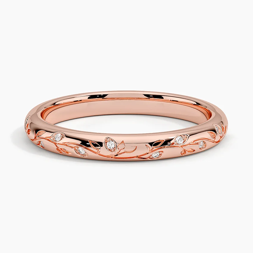 Diamond Leaf Engraved Ring, Minimalist Gold Vine Ring, Dainty Diamond Wedding Band