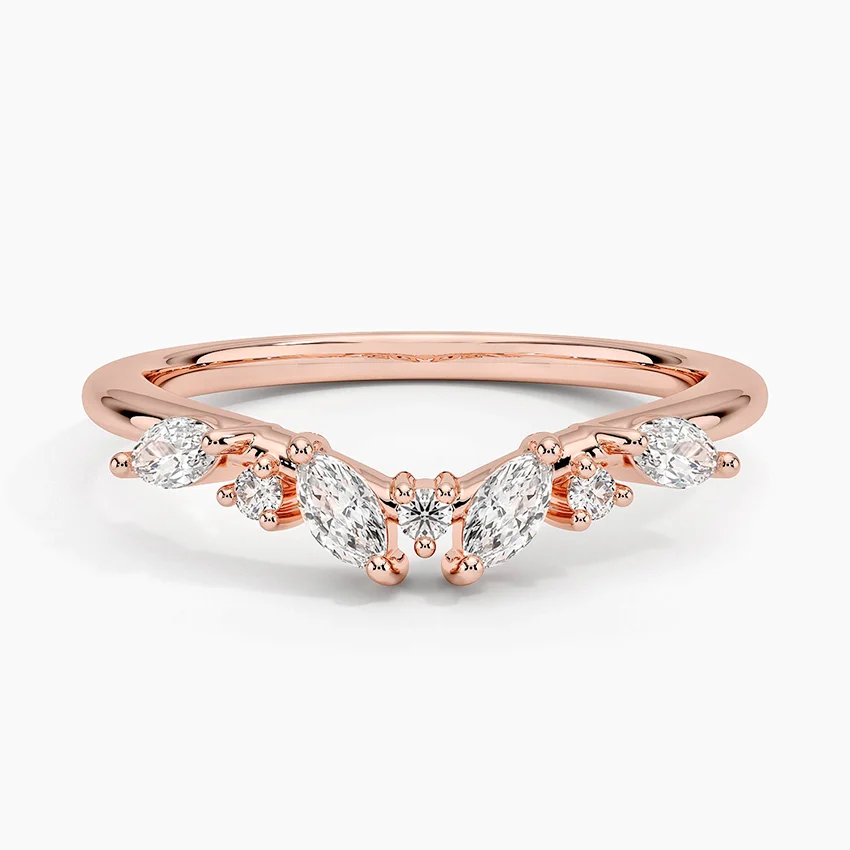 Marquise & Round Diamond Chevron Ring, Minimalist V-Shaped Wedding Band, Stackable Curved Diamond Ring