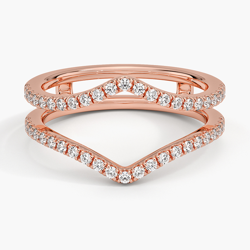 Chevron Diamond Wedding Band Set, V Shape Stackable Ring, Curved Diamond Ring Guard