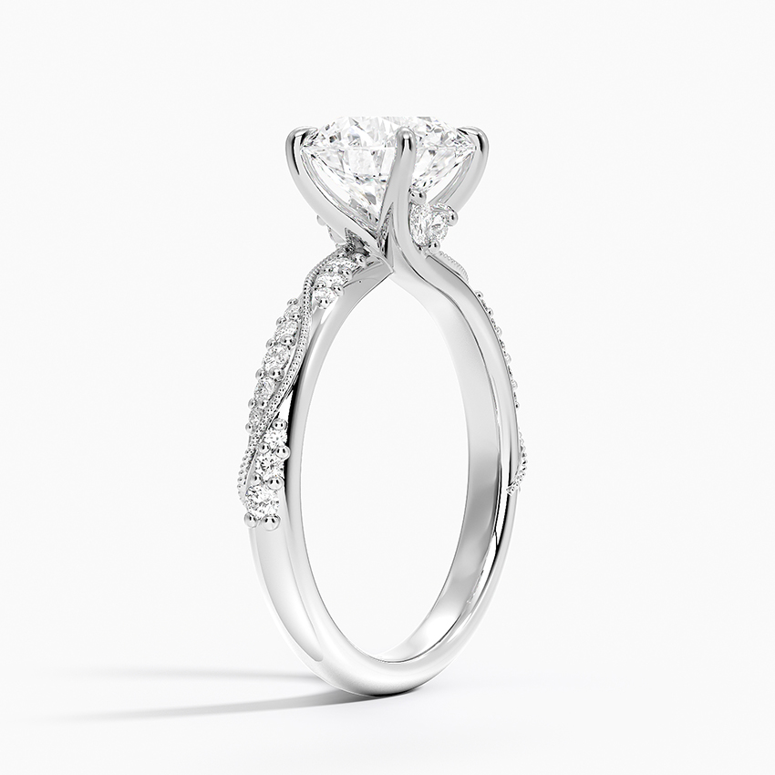 Twisted Vine Moissanite Engagement Ring, Round Cut Solitaire Diamond Ring, Vintage Inspired Pave Band