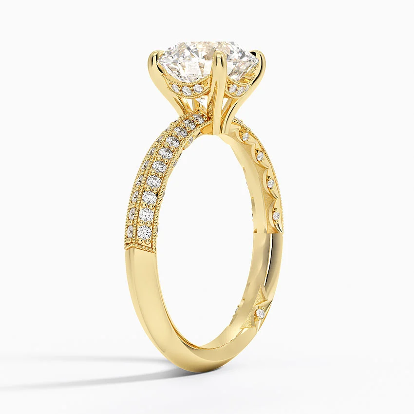 Round Cut Diamond Engagement Ring, Double Row Pave Band Ring, Promise Ring